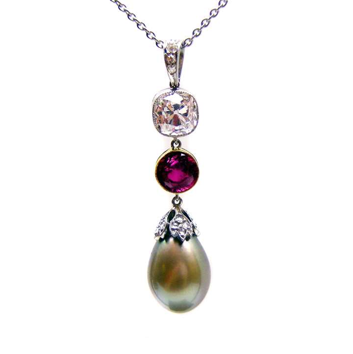 Ruby, diamond and grey pearl drop pendant
